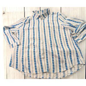 Striped Button-Up Shirt 3X Blue & White Geometric Print Long Sleeve Polyester